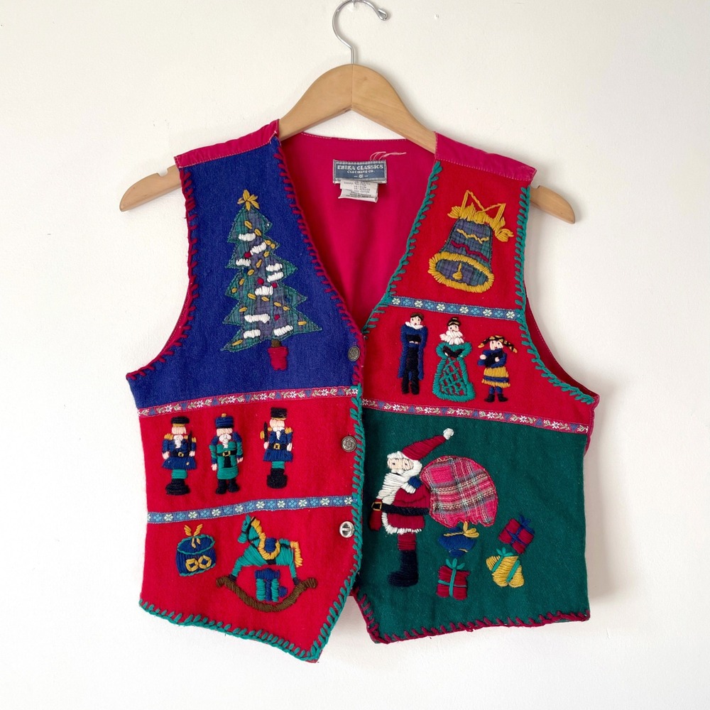 Vintage Embroidered Christmas Vest Santa Trees Toy Soldier Rocking Horse Plaid